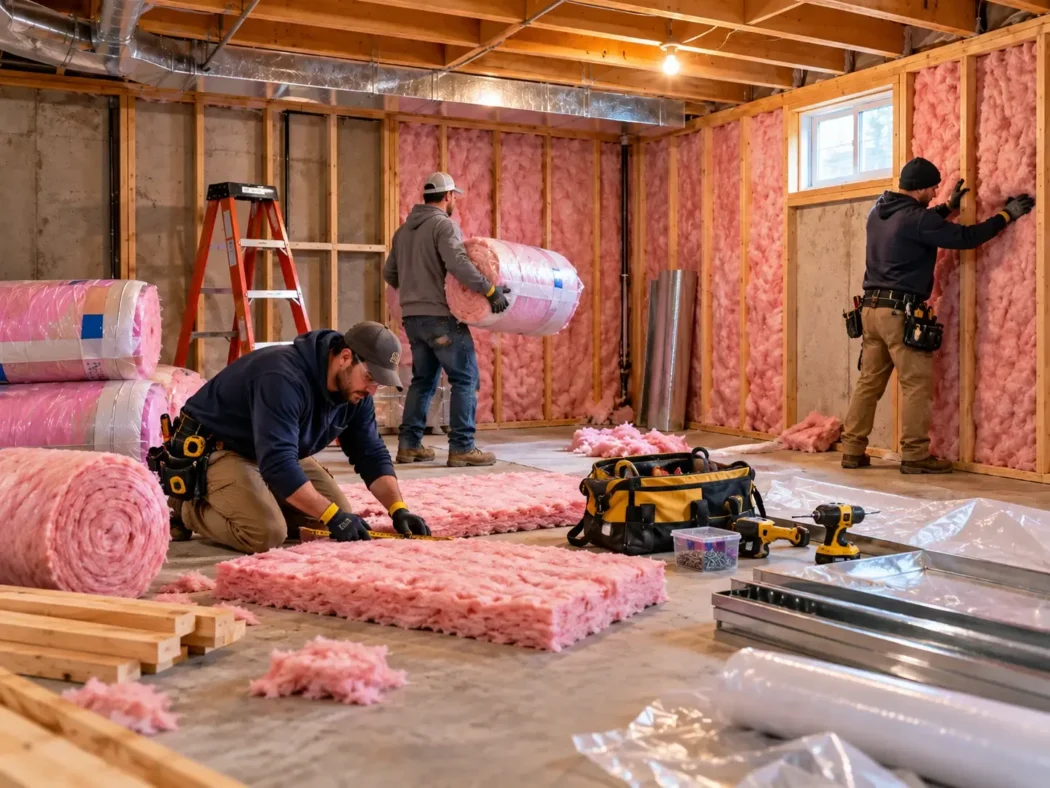 Insulation going up on a concrete basement wall in Chestermere